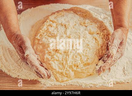 Hands dough. Female hands making dough for pizza. Chef in professional kitchen prepares dough Stock Photo