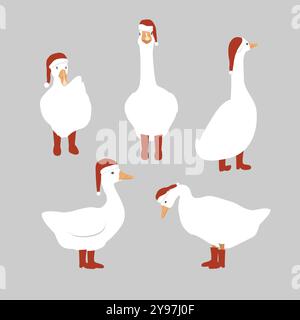 Cute cartoon goose set in Santa Claus hat and red boots. Merry Christmas characters collection. Vector isolated illustration Stock Vector