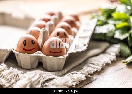 Cute smiling fresh eggs in a paper carton on the kitchen table. Stock Photo