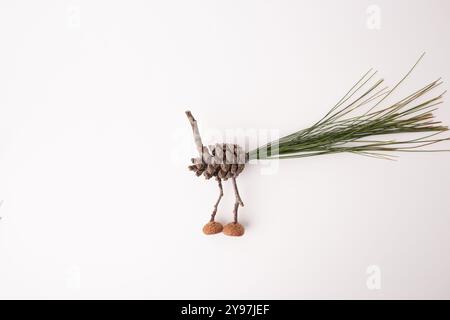 step in creative process, DIY, autumn craft, handmade bird crafted from pine cones and twigs, The tail of the bird are represented by clusters of pine Stock Photo