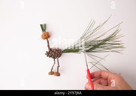 step in creative process, DIY, autumn craft, handmade bird crafted from pine cones and twigs, a handcrafted figure resembling a bird, made from natura Stock Photo