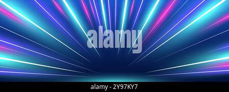 Abstract image depicting road speed motion. Vibrant blue and purple neon glow. Illustrating light speed in galaxy, it features purple glowing wave swirls and impulse cable lines. Long exposure design Stock Vector