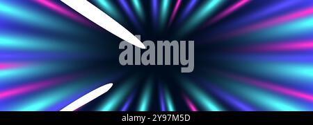 Neon stripes shaped like swirling drill, illustrating high speed concept. Depicting motion on road. Abstract background features dynamic blue and purple neon glow colors, highlighting speed and energy Stock Vector