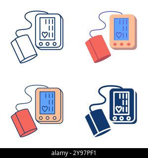 Blood pressure monitor icon set in flat and line style. Tonometer symbol. Digital medical equipment. Vector illustration. Stock Vector