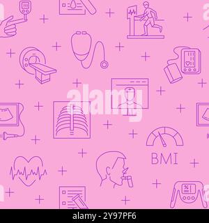 Medical checkup line seamless pattern. Medicine background, health check-up symbols. Vector illustration. Stock Vector