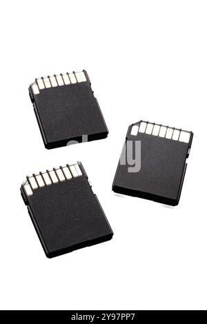 Close up fo 3 SD memory cards on ahite studio background. Stock Photo