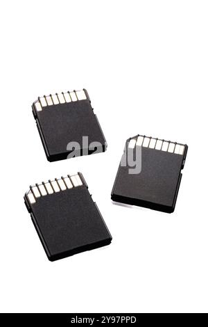 Close up fo 3 SD memory cards on ahite studio background. Stock Photo