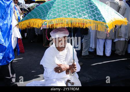 Senior, elderly man, a member of the Beta Israel Ethiopian Jewish community in Israel, during the celebration of Sigd in Jerusalem. Stock Photo