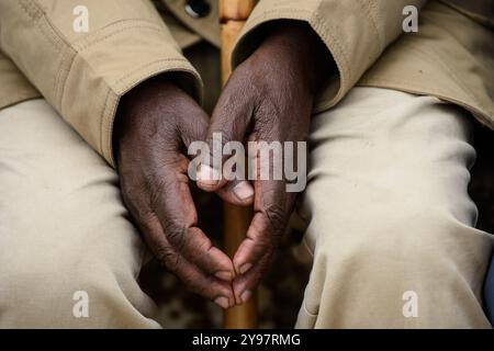 Closeup of the hands and fingers of an Ethiopian, Jewish man during a Sigd Festival celebration in Jerusalem, Israel. Stock Photo