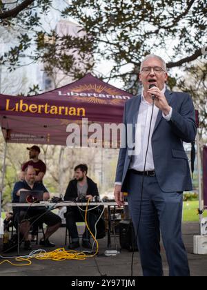 Melbourne, Australia. 05th Oct, 2024. MP for the Southeastern Metro, David Limbrick, speaks during the rally. The Australian Libertarian Party held a public rally at Flagstaff Gardens espousing party policy; particularly opposition to the federal government's proposed Communications Legislation Amendment (Combatting Misinformation and Disinformation) Bill 2024, and the state of Victoria's proposed changes to anti-vilification laws. (Photo by Alex Zucco/SOPA Images/Sipa USA) Credit: Sipa USA/Alamy Live News Stock Photo