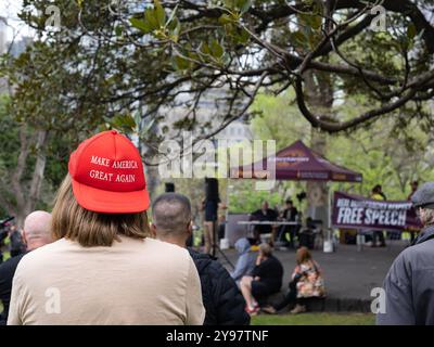 Melbourne, Australia. 05th Oct, 2024. A 'MAGA' hat is donned by a rally attendee. The Australian Libertarian Party held a public rally at Flagstaff Gardens espousing party policy; particularly opposition to the federal government's proposed Communications Legislation Amendment (Combatting Misinformation and Disinformation) Bill 2024, and the state of Victoria's proposed changes to anti-vilification laws. (Photo by Alex Zucco/SOPA Images/Sipa USA) Credit: Sipa USA/Alamy Live News Stock Photo