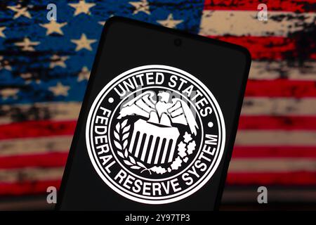 September 2, 2024, Paraguay. In this photo illustration, the Federal Reserve System (FED) of the United States logo is displayed on a smartphone scree Stock Photo