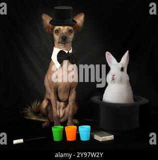 Xoloitzcuintli dog dressed as a magician sitting next to a white bunny on black background Stock Photo