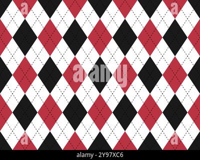 Argyle texture. Red black white argyle vector pattern. Seamless retro clothing print design. Argyle background. Stock Vector