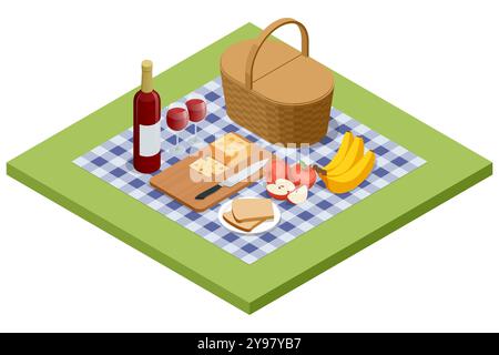 Isometric picnic basket on a blanket in the meadow, surrounded by nature. It represents the idea of relaxation, a romantic meal, and a family weekend Stock Vector