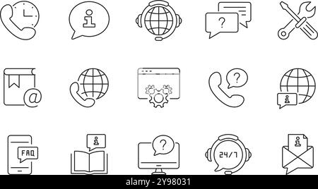 Customer Support and Global Communication Tools Line Icon Set. Customer Service Outline Symbol Collection. Editable Stroke. Isolated Vector Stock Vector