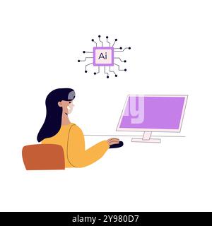 Artificial intelligence concept with people. Flat vector illustration. Person using ai technology for work. Collaboration with ai robotic program. Art Stock Vector