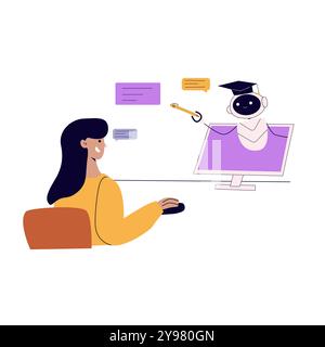 Artificial intelligence education concept with people. Flat vector illustration. Person using ai technology for work. Collaboration with ai robotic pr Stock Vector
