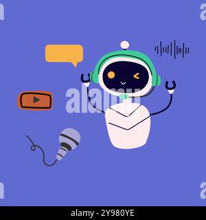 Ai robot audio podcast creator flat illustration. Artificial intelligence in life. Chat bot or ai for video work vector illustration. Cute robot with Stock Vector