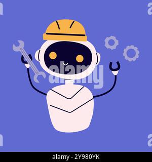 Ai robot doing repair work flat illustration. Artificial intelligence support. Chat bot or ai for work vector illustration. Cute robot clip art. Stock Vector