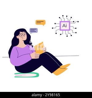 Artificial intelligence concept with people. Flat vector illustration. Person using ai technology for work. Collaboration with ai robotic program. Art Stock Vector