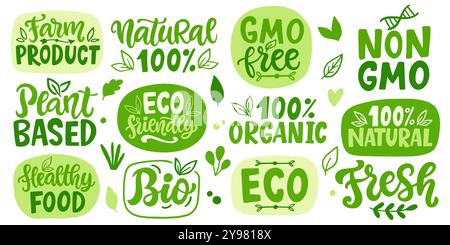 Eco Friendly Organic Food Vector Lettering Set Stock Vector