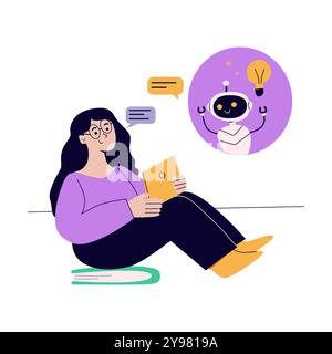 Artificial intelligence concept with people. Flat vector illustration. Person using ai technology for work. Collaboration with ai robotic program. Art Stock Vector