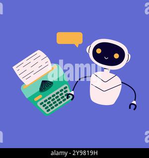 Ai robot flat illustration. Artificial intelligence in writing work. Chat bot or ai for writing text work vector illustration. Cute robot clip art. Stock Vector