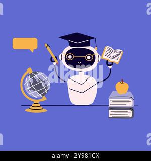 Ai robot flat illustration with globe and pen, books and apple. Artificial intelligence for education. Chat bot online or ai for school work vector il Stock Vector