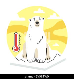 Global warming. Polar bear on melting ice. Iceberg melt. Idea of climate change and danger for ecology. Planet Earth temperature rising due to CO2 emissions. Flat vector illustration Stock Vector