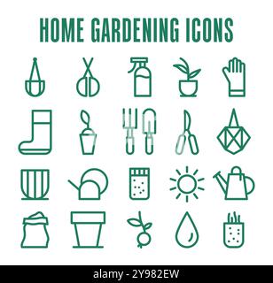 Simple gardening icons. Planting equipment, house plant and pots. Modern agricultural hobby, urban farming. Flat vector illustration Stock Vector