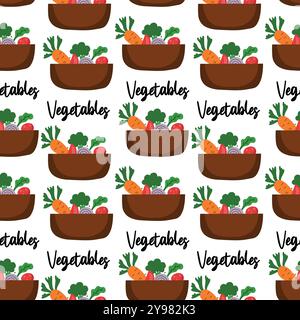 Seamless doodle pattern with fresh colorful vegetables in bowl. Stock Vector