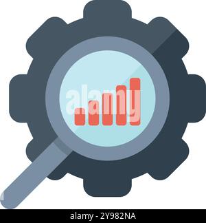 Magnifying glass is analyzing a growing bar chart inside a gear wheel, representing business analysis and growth Stock Vector