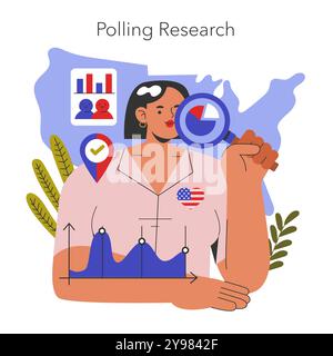 Election poll analysis concept. A woman with a magnifying glass reviews voting data amid US political icons. Voter research trends and public opinion tracking. Vector illustration. Stock Vector