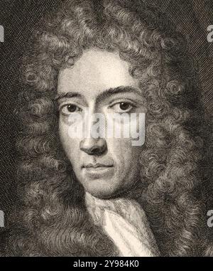 ROBERT BOYLE (1627-1691) Anglo-Irish chemist and philosopher in an engraving based on a 1689 portrait. Stock Photo