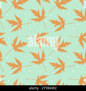 Snowflakes and oak gold leaves pattern on mint green background. Vector illustration Stock Vector