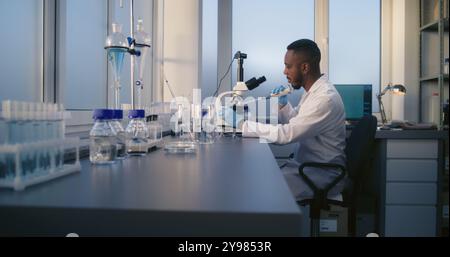 Genetic tests are conducted in medical laboratory. African American microbiologist analyzes samples under microscope. Female scientist in white coat brings test tubes with samples. Medical laboratory. Stock Photo