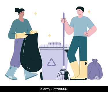 Garbage collecting and sorting. Citizens cleaning and throwing out trash into separate container. Environmental protection and social responsibility. Flat vector illustration Stock Vector