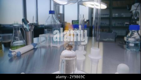 Medical science lab: Close up of professional chemist lighting alcohol burner, heating liquid in glass flask, conducting scientific or chemical experiment using laboratory equipment. Chemistry concept Stock Photo