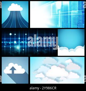 Collage, futuristic and digital for big data, information and cybersecurity in cloud computing. Composite, web storage and illustration as download Stock Photo
