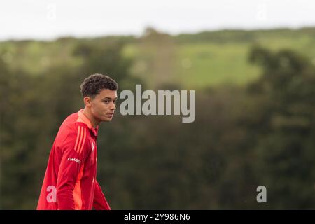 Hensol, Wales, UK. 9th Oct, 2024. Brennan Johnson during Wales national football team training ahead of UEFA Nations League matches against Iceland and Montenegro. Credit: Mark Hawkins/Alamy Live News Stock Photo