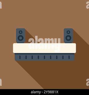 Soundbar standing on shelf with two surround sound speakers icon in flat style on a brown background Stock Vector