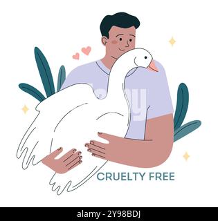 Man holding a cute duck or goose. Male character taking care of domestic farm animal. Cruelty free sustainable development. Go vegan or vegetarian campaign. Flat vector illustration Stock Vector