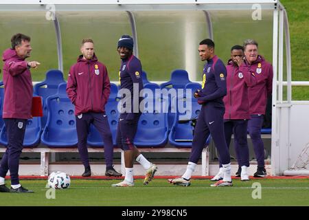 Burton Upon Trent, UK. 08th Oct, 2024. Noni Madueke forward (Chelsea) and England defender Trent Alexander-Arnold (Liverpool) during the England Training session ahead of the England v Greece match at St. George's Park, Burton upon Trent, England, United Kingdom on 8 October 2024 Credit: Every Second Media/Alamy Live News Stock Photo