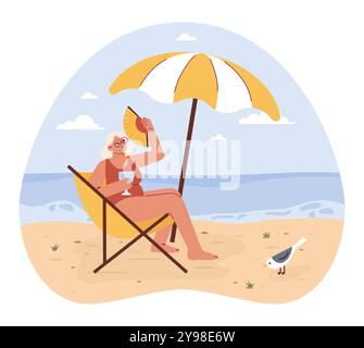 Character spending time on the beach. Happy and active senior spending time by the sea. Retired woman on her summer vacation. Old lady in a swimsuit. Flat vector illustration Stock Vector