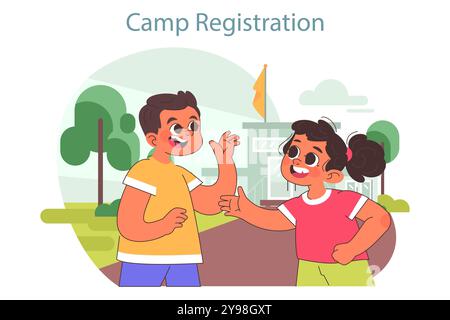 Arrival and registration at tech camp for children. STEM profession educational course. Children learning programming and engineering on summer vacation. Flat vector illustration Stock Vector