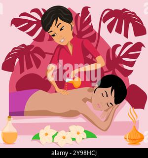 Aromatherapy massage. Therapy and treatment by professional therapist in SPA. Isolated flat vector illustration. Eastern and Indian ethnicity. Stock Vector
