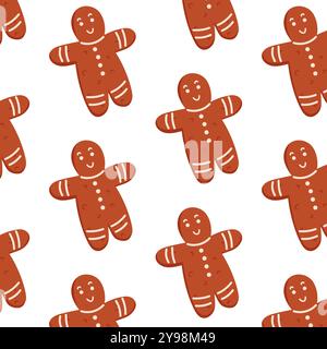 Seamless pattern with smiling gingerbread man in flat style. Perfect for Christmas, holiday decor and festive wrapping paper. Cute and playful design Stock Vector