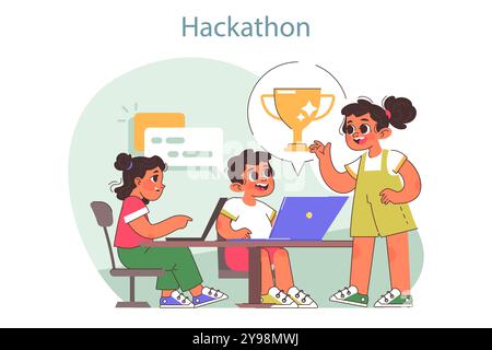 Tech camp for children. Computer science, AI, VR technologies and robotics educational course. Children working in team on hackathon competition. Flat vector illustration Stock Vector