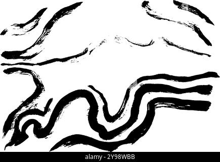 Black Ink Brush Wave Curved Strokes Texture. Stock Vector